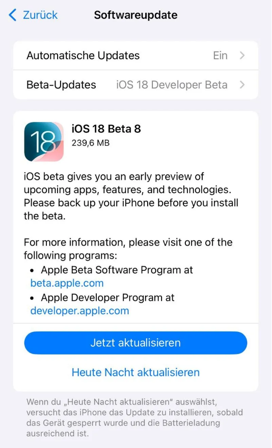 绛县苹果手机维修分享苹果 iOS / iPadOS 18 开发者预览版 Beta 8 发布 